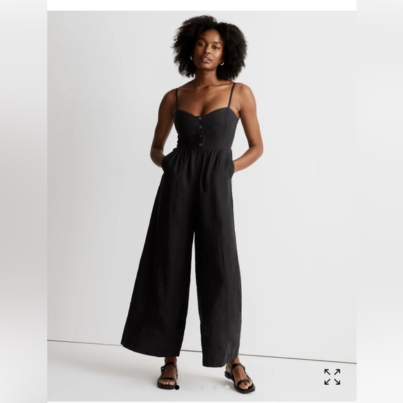 Madewell Sleeveless Wide Leg Black Linen Jumpsuit. Shirred elastic back. Pockets - Picture 1 of 16